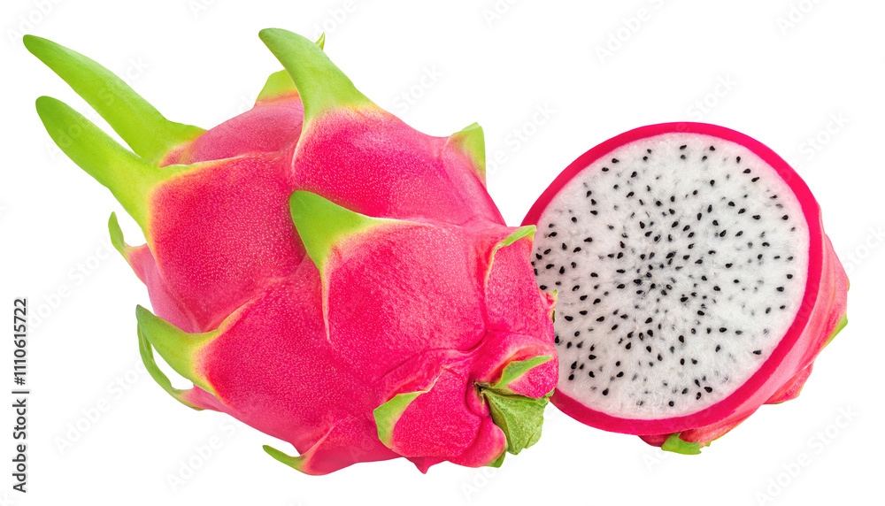 Pitaya isolated. Whole Dragon fruit or pitahaya and half fruit on white background. DragonFruit Package design element. Pitaya isolated. Whole Dragon fruit or pitahaya and half fruit on white background. DragonFruit Package design element.