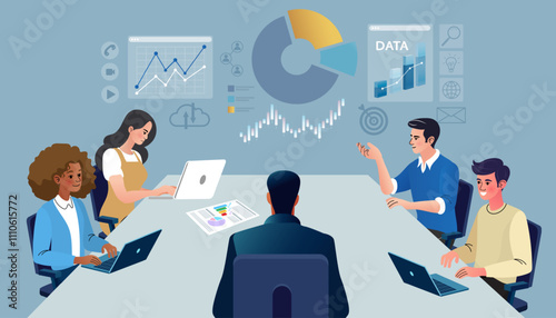 Business team in a meeting analyzing data on charts and graphs shown on a large screen. A concept of data analysis, business intelligence, strategy, and financial reporting.