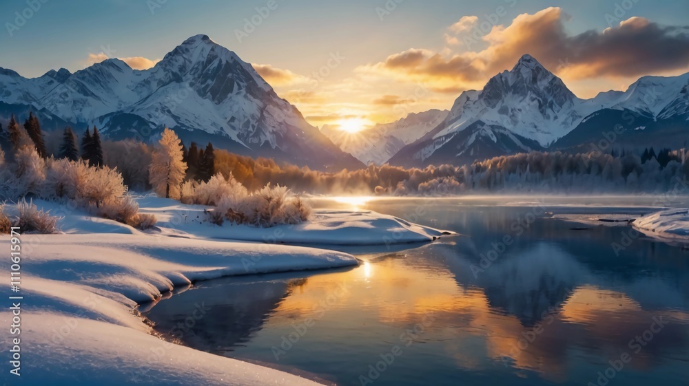 Fototapeta premium Winter mountains at sunrise. Amazing snowy nature landscape in sunlight. Scenery mountain clean icy lake in the morning.