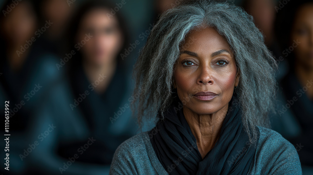 A confident woman with gray hair and expressive features is seated among a group at a workshop, showcasing an atmosphere of engagement and learning A confident woman with gray hair and expressive features is seated among a group at a workshop, showcasing an atmosphere of engagement and learning