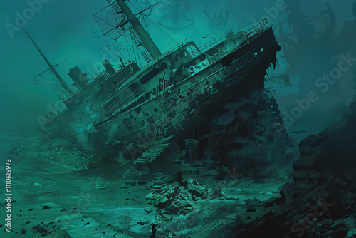 Underwater view of an sunken ship on seabed with fish swimming around