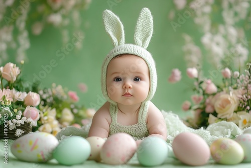 A baby dressed as a tiny bunny, surrounded by Easter eggs and spring flowers on a soft green backdrop. 