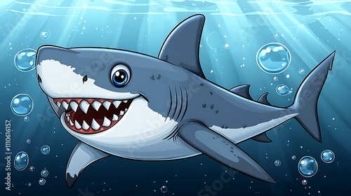 Cartoon great white shark swimming underwater with bubbles. photo