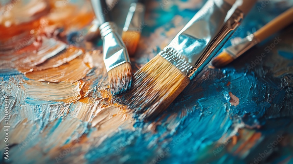 Paintbrushes on an artist's palette with oil paint. Paintbrushes on an artist's palette with oil paint.