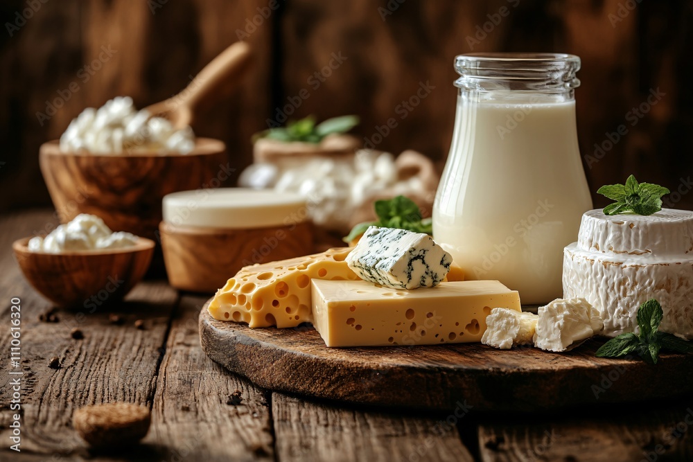 Cheese and dairy products on a wooden cutting board on a wooden background
Cheese and dairy products on a wooden cutting board on a wooden background