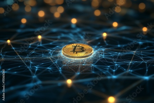 A glowing Bitcoin coin in the center of a network of interconnected blockchain lines, representing a virtual economy. photo