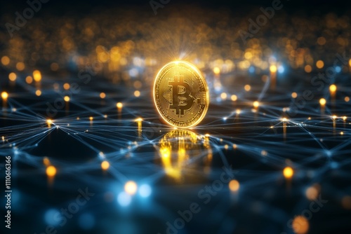 A glowing Bitcoin coin in the center of a network of interconnected blockchain lines, representing a virtual economy. photo