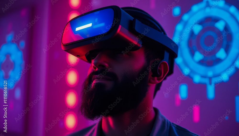 Young man with curly hair in VR helmet, in virtual reality. Gaming background. Young man with curly hair in VR helmet, in virtual reality. Gaming background.
