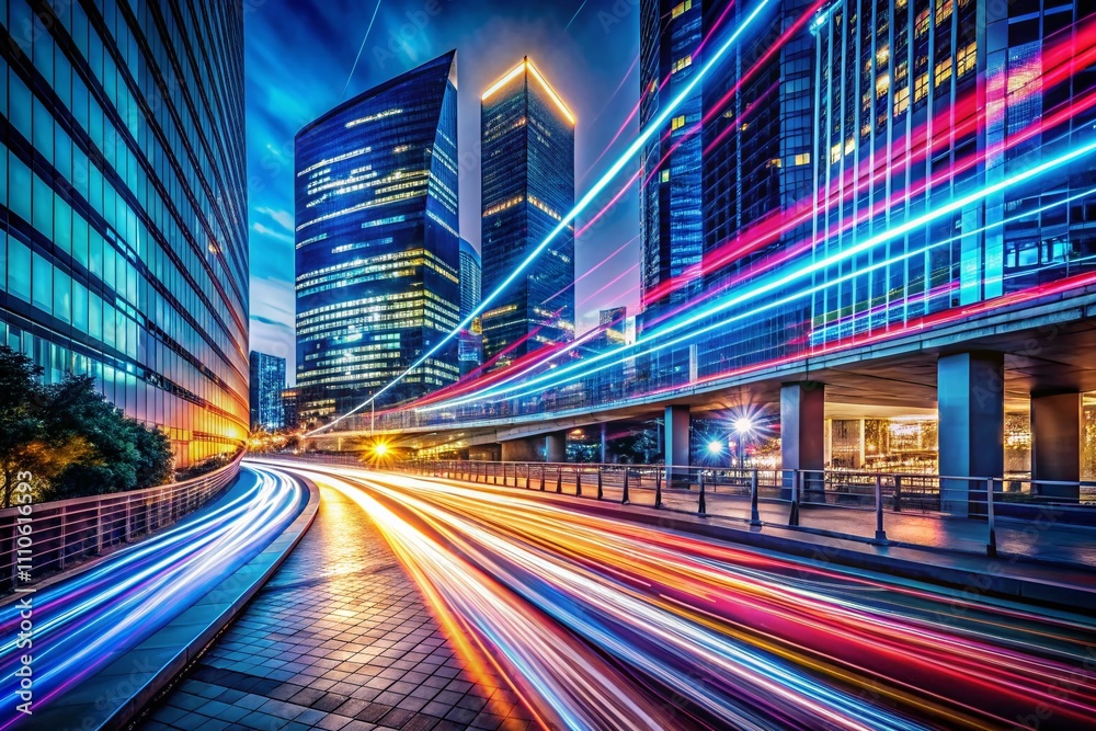 Obraz premium Architectural Photography Featuring Speed Light Line Motion Blur on a Dark Background for Data Transfer Simulation in Modern Digital Environments