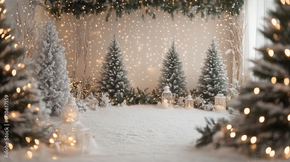 Christmas background with snowy trees and fairy lights Christmas background with snowy trees and fairy lights