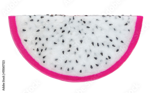 Pitaya isolated. Falling Sliced Dragon fruit in air on white background. DragonFruit Package design element. Top view. Flat lay.. photo