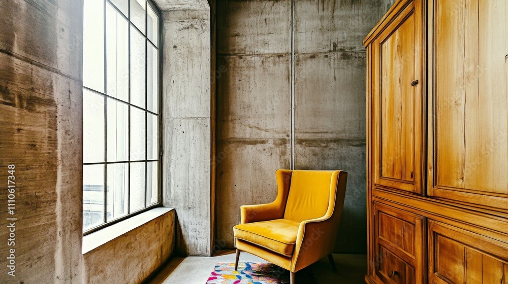 Loft interior design. Accent armchair against window near concrete wall. Loft interior design. Accent armchair against window near concrete wall.