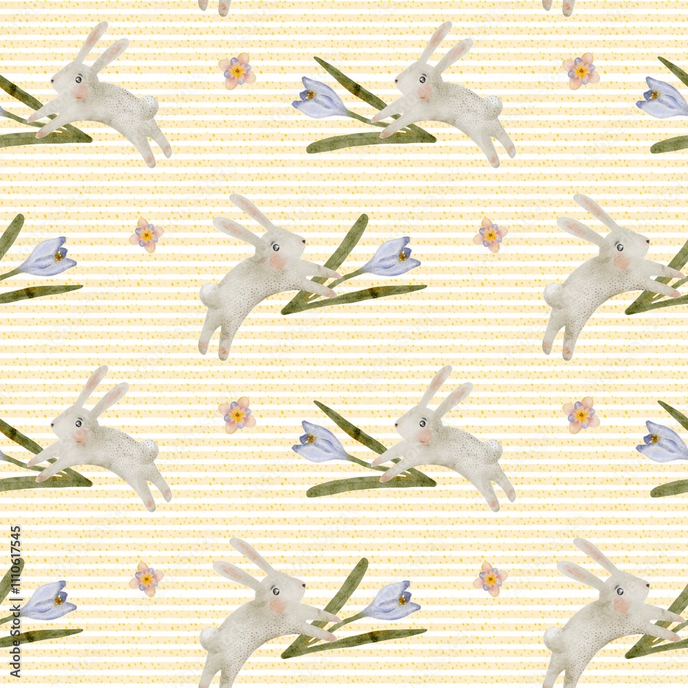 Fototapeta premium Playful watercolor pattern featuring rabbits and flowers for Easter celebrations