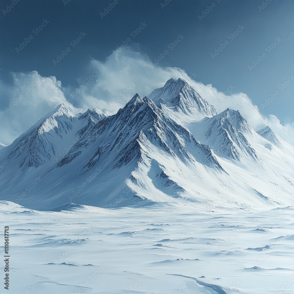 Obraz premium Majestic snow-covered mountains under a clear blue sky.