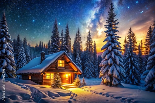 A Serene Cabin in the Snowy Wilderness at Night, Illuminated by a Warm Glow, Surrounded by Tall Pines Under a Starry Sky, Evoking a Sense of Peace and Tranquility in Nature