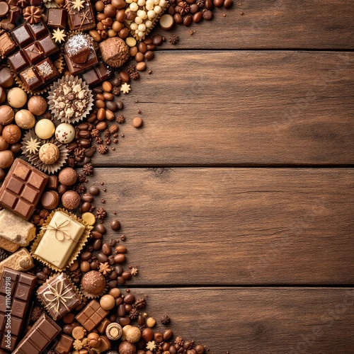 Arranged blocks of rich, dark chocolate on a rustic wooden background with space for text. Perfect for dessert recipes, chocolate promotions, or rustic food photography.