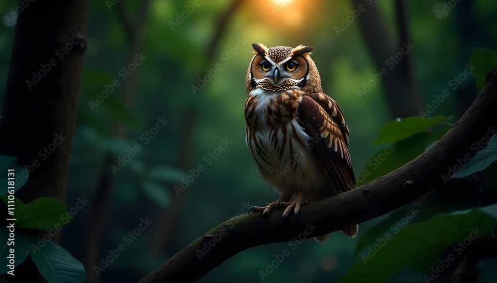 A close up evening shot of an beautiful owl in a lush tropical forest A close up evening shot of an beautiful owl in a lush tropical forest