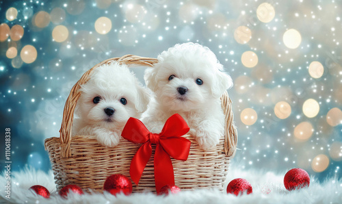 valentine card with cute fluffy bichon frise puppies peeking out of basket with red bow, on shiny festive background with copy space bokeh