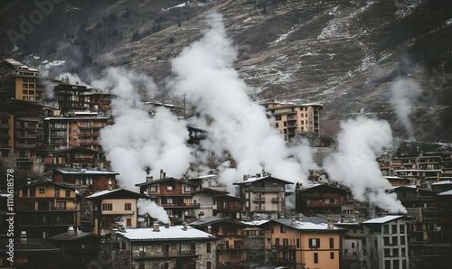 A picturesque mountain village shrouded in steam rising from chimneys, creating a captivating winter scene.
