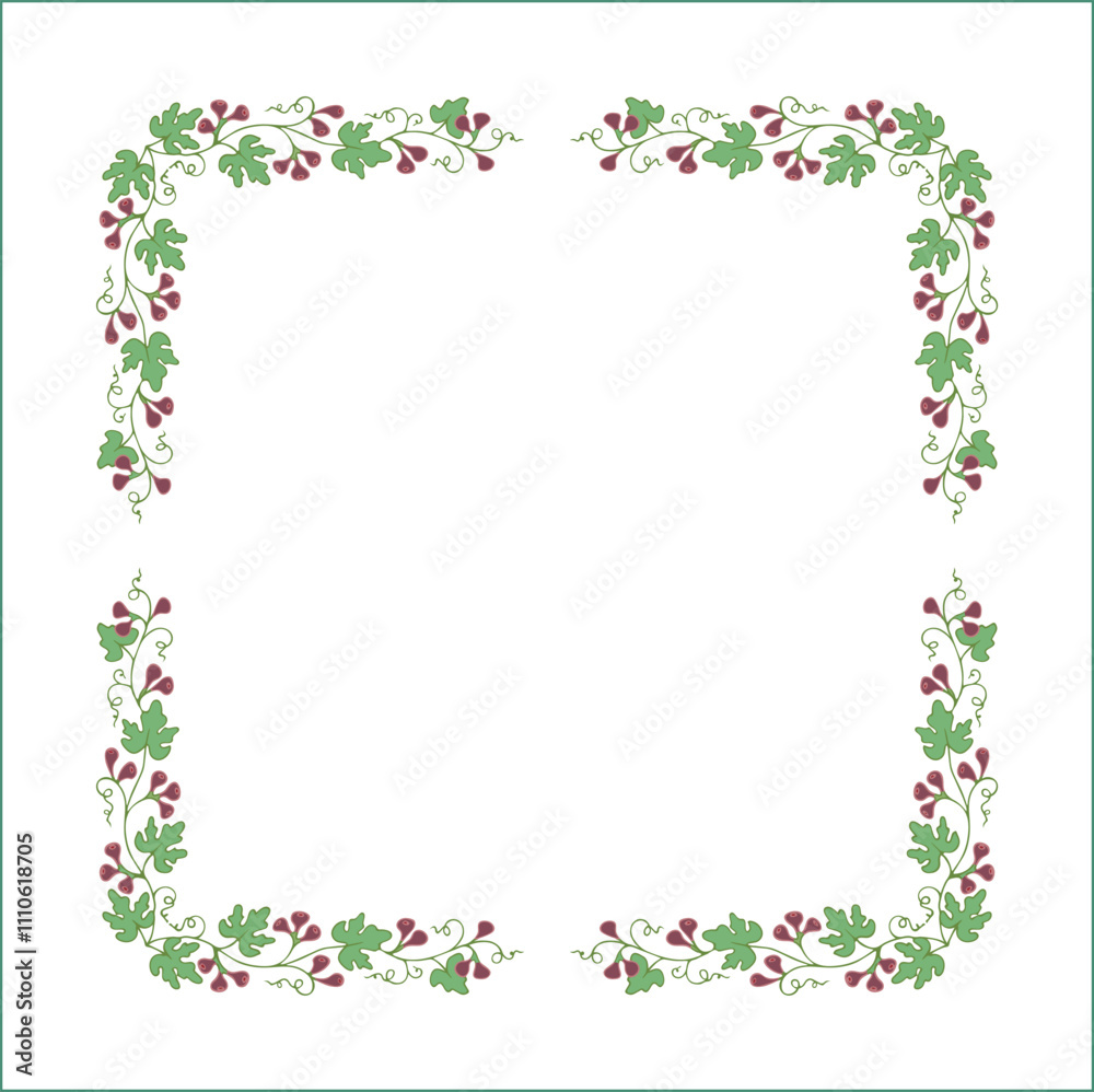 Green elegant vector decorative frame with purple figs, vegetal ornamental frame with figs leaves and fruits, decorative border, corners. Isolated vector illustration. Green elegant vector decorative frame with purple figs, vegetal ornamental frame with figs leaves and fruits, decorative border, corners. Isolated vector illustration.