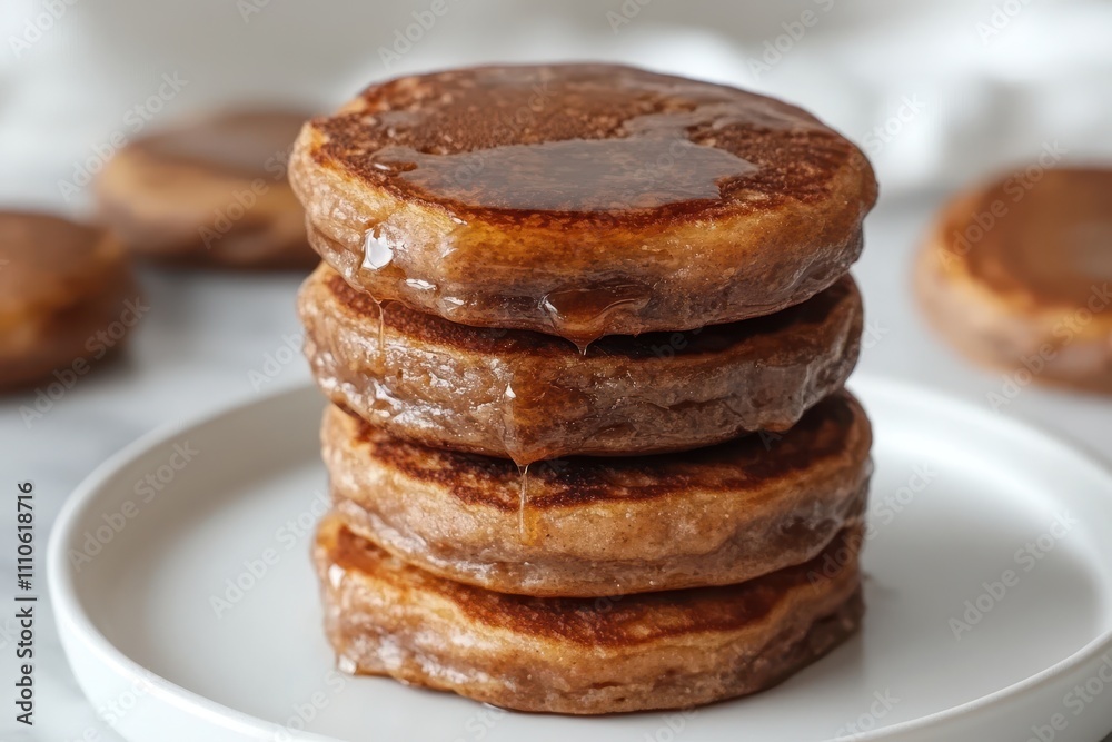 Stack of Pancakes with Syrup on a White Plate Stack of Pancakes with Syrup on a White Plate