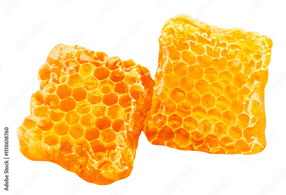 Honeycomb with flowing honey syrup isolated on white background. Honey Flat lay. Top view. Flat lay. Package design elements. Honeycomb with flowing honey syrup isolated on white background. Honey Flat lay. Top view. Flat lay. Package design elements.