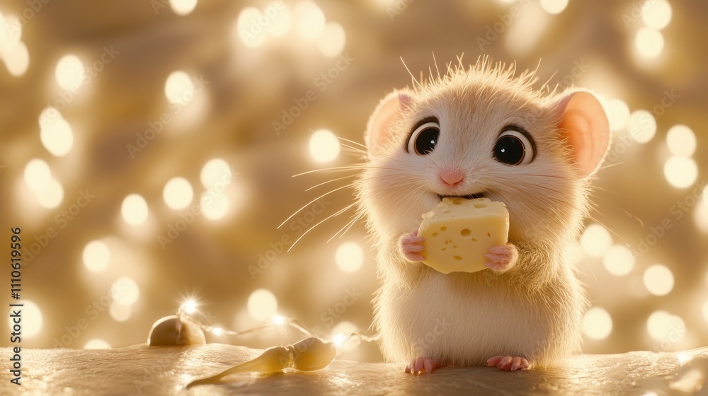 Cute Hamster Holding Cheese with Warm Soft Background Lights Cute Hamster Holding Cheese with Warm Soft Background Lights