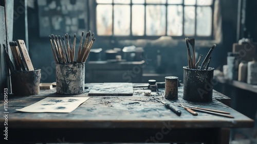Messy artist's studio table with paint, brushes, and tools.