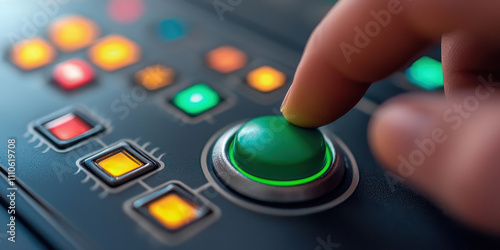 Hand pressing green button. A close-up of a hand pressing a green button on a control panel, surrounded by colorful lights and buttons, suggesting activation or control. photo