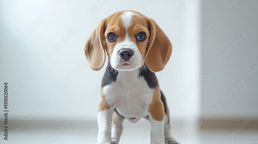 A tiny beagle puppy with floppy ears, standing in front of a white wall. A tiny beagle puppy with floppy ears, standing in front of a white wall.