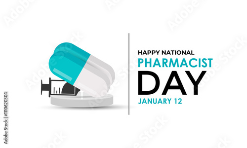 National Pharmacist day is observed every year on 12 January background design template. Vector graphic of lab coat and medical equipments. Medical box, syringes, vaccine bottle, pills placed on a tab