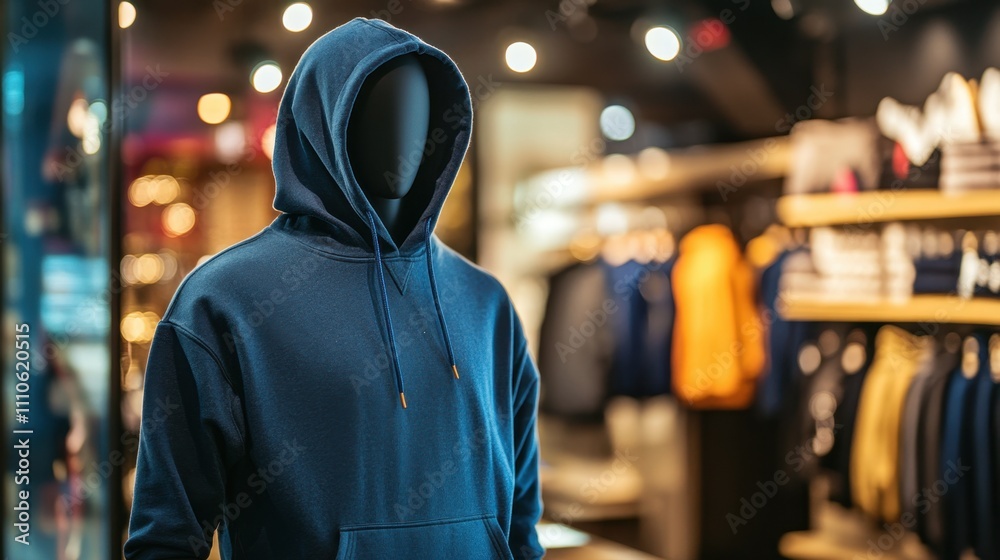Stylish blue hoodie on mannequin in a modern retail store setting Stylish blue hoodie on mannequin in a modern retail store setting