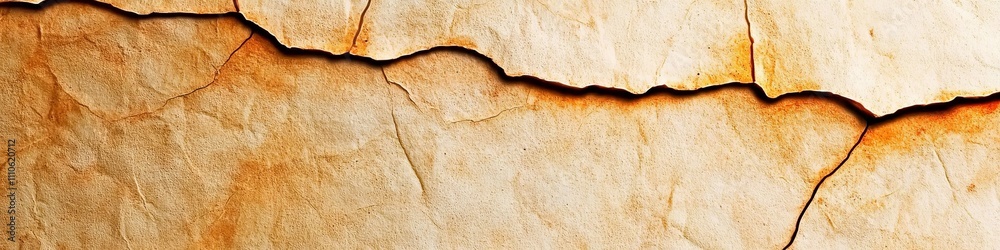 Fototapeta premium Close-up of aged, cracked paper showing intricate textures and warm tones.