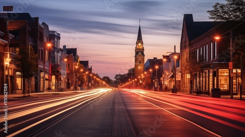 A busy street scene at night captured with a long exposure. The background is soft in color, with the subject placed on the left. Golden Hour Lighting adds ,generative ai illustration