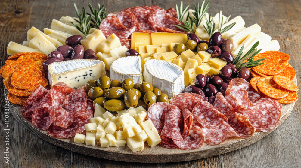 Delicious charcuterie board presenting assorted cheeses, cured meats, and olives Delicious charcuterie board presenting assorted cheeses, cured meats, and olives