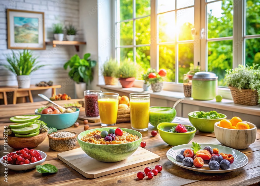 Beautifully Arranged Breakfast Table Featuring Smoothie Bowls, Avocado Toast, and Fresh Juices in a Bright, Sunlit Kitchen for a Healthy Start to Your Day Beautifully Arranged Breakfast Table Featuring Smoothie Bowls, Avocado Toast, and Fresh Juices in a Bright, Sunlit Kitchen for a Healthy Start to Your Day