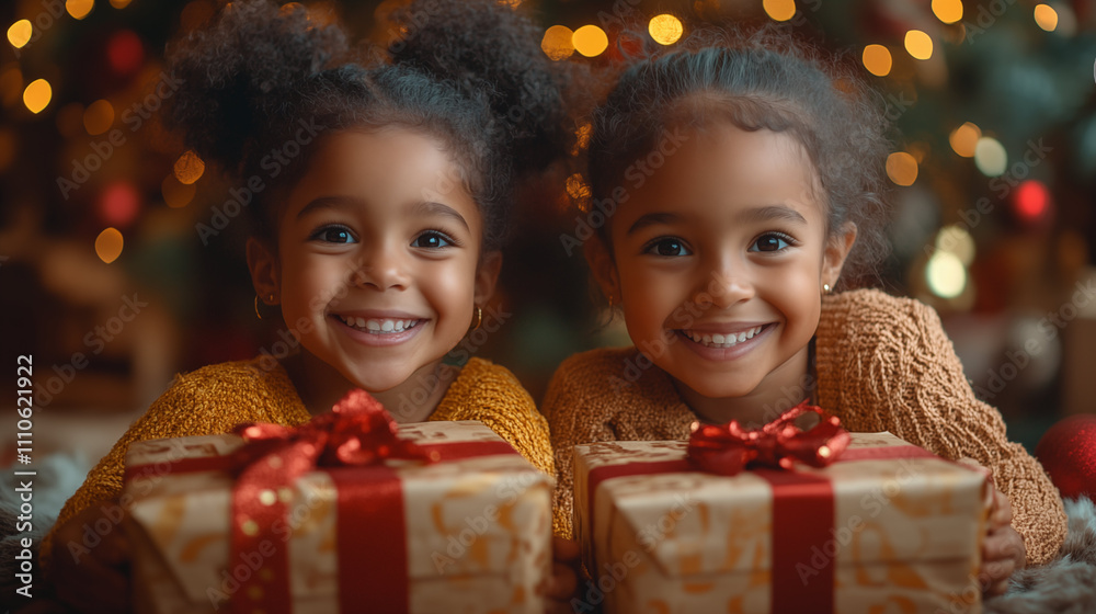 Joyful Children Holding Christmas Gifts in Festive Holiday