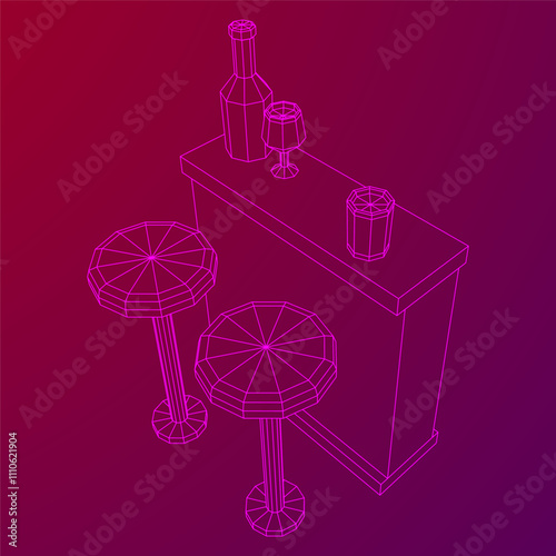 Bar counter with stools, bar top with bottles and glasses. Wireframe low poly mesh vector illustration.