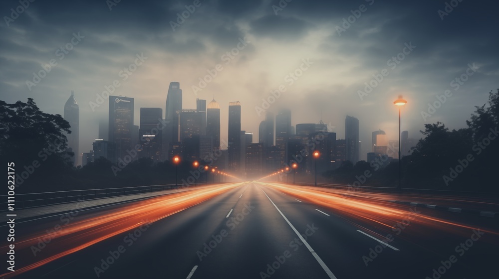 Fototapeta premium A dramatic long exposure shot of a nighttime scene with ambient city lights. The background is a soft gradient of colors, with the subject in the center and empty space ,generative ai illustration