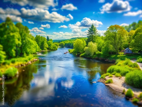 Beautiful sunny spring afternoon at the Androscoggin River in Auburn, Maine, showcasing vibrant greenery and serene waters, perfect for capturing the essence of nature's tranquility.
