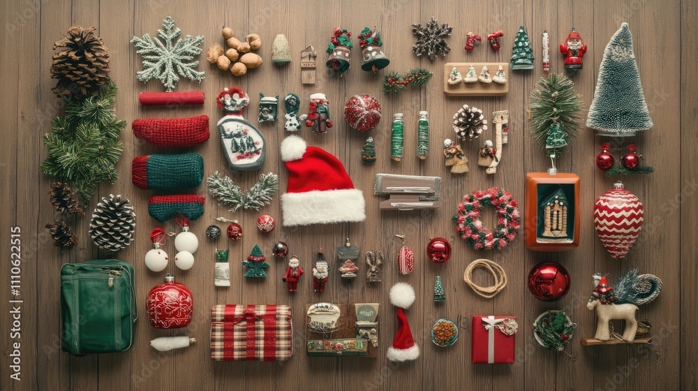 Collection of Christmas-Themed Items Flat Laid on Wooden Surface Collection of Christmas-Themed Items Flat Laid on Wooden Surface
