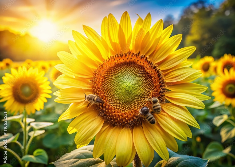 Obraz premium Bees Pollinating a Vibrant Sunflower in a Lush Garden, Capturing Nature's Beauty and the Importance of Biodiversity Through the Rule of Thirds Composition