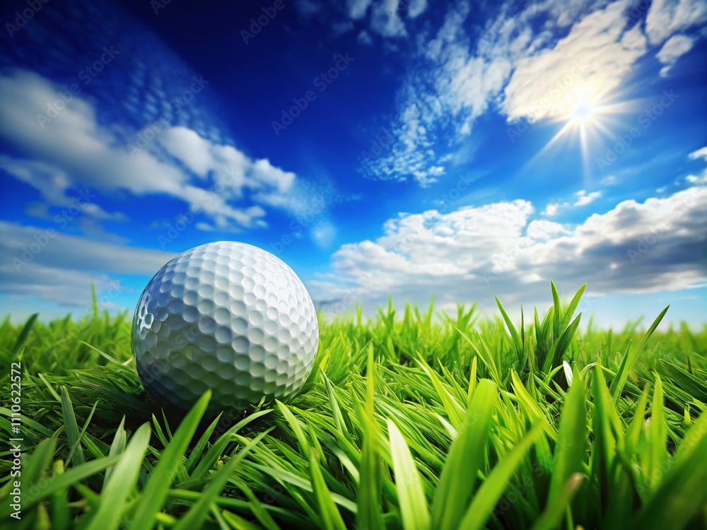 Birds-eye View of a Golf Ball on Lush Green Grass Under a Clear Blue Sky, Perfect for Banners with Ample Copyspace for Text and 3D Effect Birds-eye View of a Golf Ball on Lush Green Grass Under a Clear Blue Sky, Perfect for Banners with Ample Copyspace for Text and 3D Effect