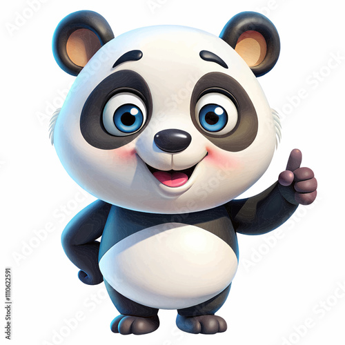 Cartoon little kawaii panda with a raised finger up on a white background