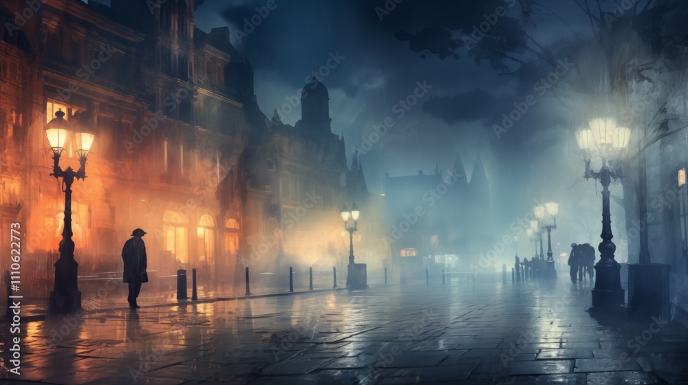 A glowing street scene with moving lights captured at night, with a soft pastel background. The subject is placed on the right, allowing for empty space on the left. ,generative ai illustration