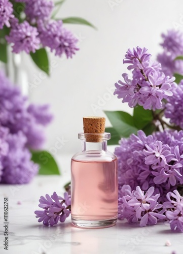 Lilac essential oil in dropper bottle next to fresh lilac flowers on white background, natural essence, calming atmosphere