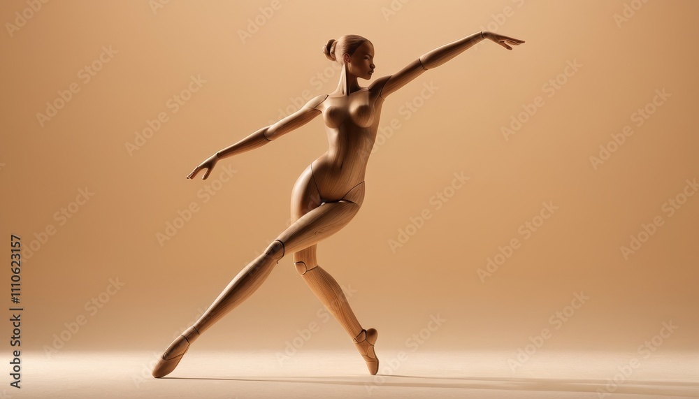 Articulated wooden figure striking a dramatic dance pose, casting a soft shadow on a neutral beige background for a minimalist aesthetic