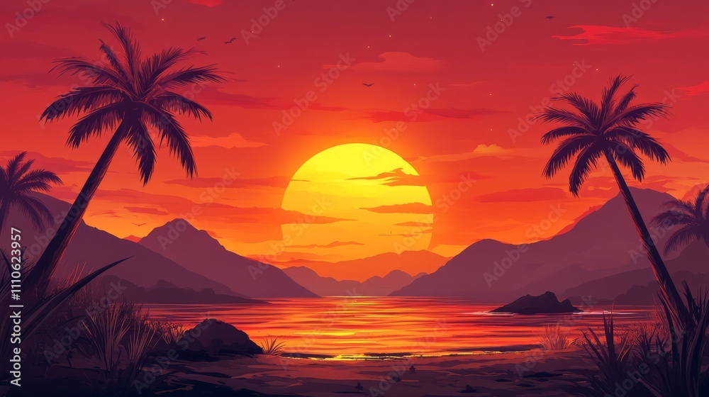 Obraz premium A sunset over a tropical island, the sky ablaze with orange and red hues as palm trees sway gently in the breeze