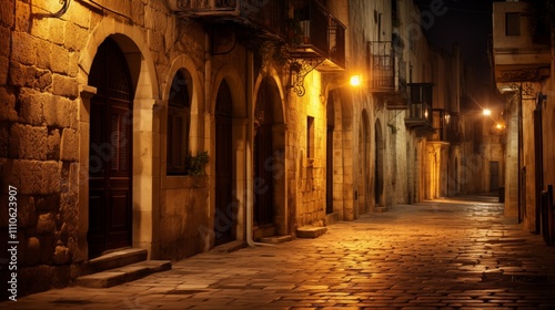 A long exposure image of street at night with decorated light . Golden Hour Lighting illuminates,generative ai illustration