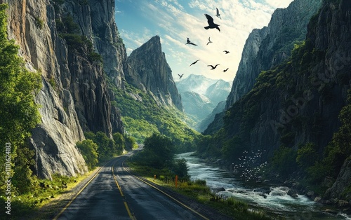 A scenic valley road flanked by tall cliffs and a sparkling river running alongside it, with birds soaring high above. The scene feels grand and natural. photo